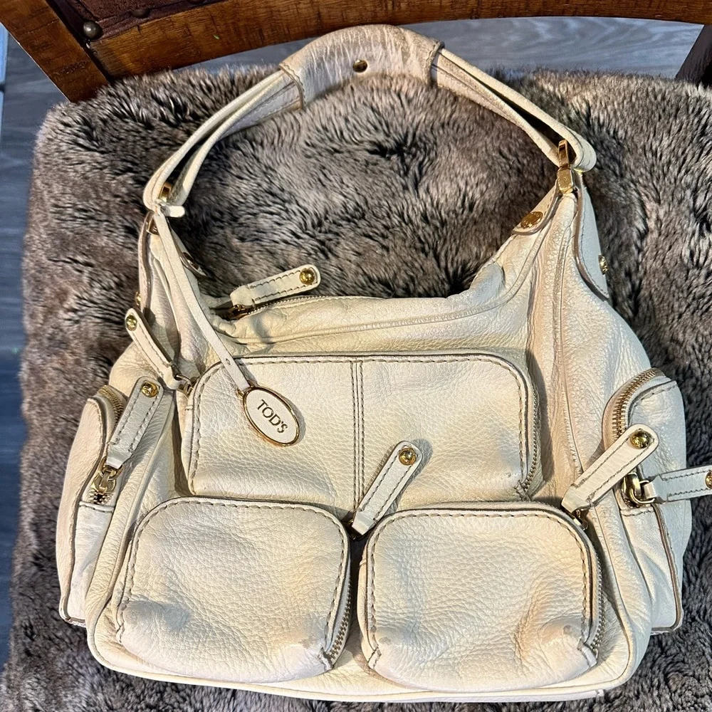 TOD’S Authentic Leather Cream/White Zippered Pockets Designer Satchel Bag